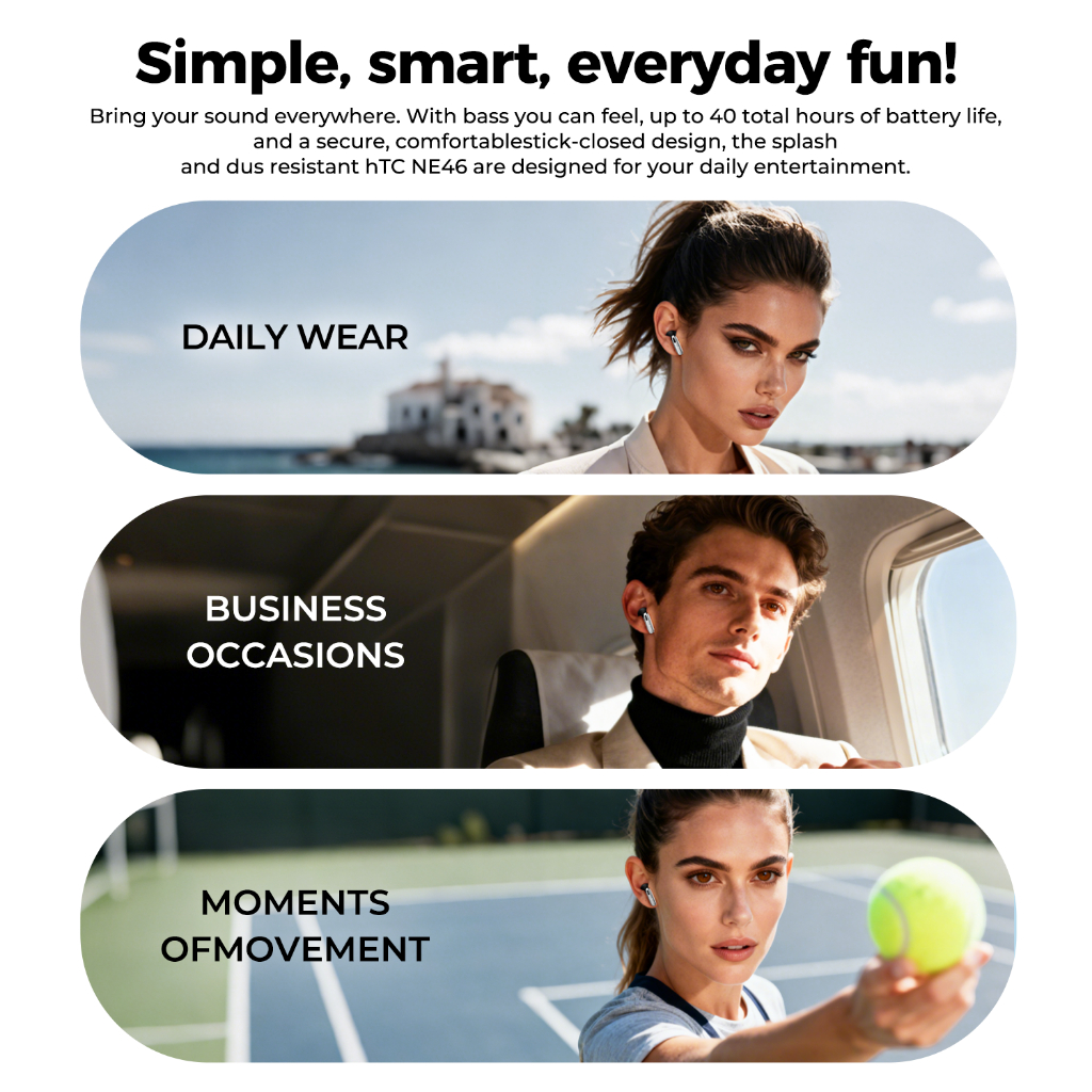 HTC NE46 Tai nghe phiên dịch AI Máy đo nhịp tim Bluetooth 6.0 Bluetooth không dây Màn hình cảm ứng LED Chống ồn thụ động ENC Cảm biến oxy trong máu AMSR Chống nước HIFI | BigBuy360 - bigbuy360.vn