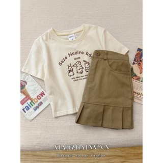 Xiaozhainv Áo thun ngắn tay in hình cổ tròn thời trang Hàn Quốc quần áo nữ mỏng Y2K Croptop