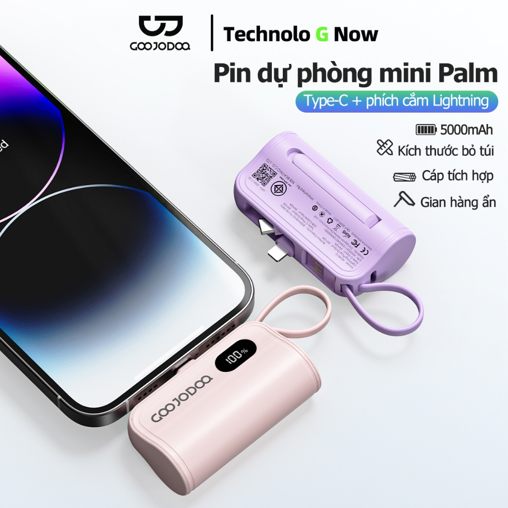 Goojodoq Mini Power Bank 5000mAh Typc-c + LN Giao diện kép Màn hình LED Power Bank di động