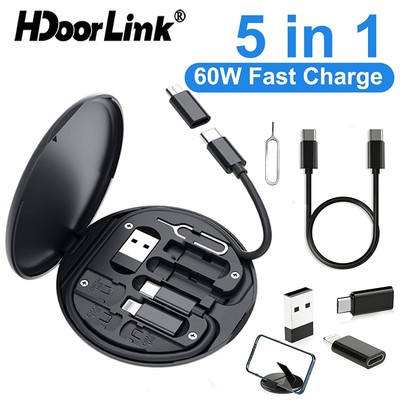 Bộ sạc nhanh HdoorLink 5 trong 1 60W Cáp dữ liệu cáp đa chức năng Loại C USB-A IOS Micro USB Bộ chuyển đổiOTG có giá đỡ điện thoại