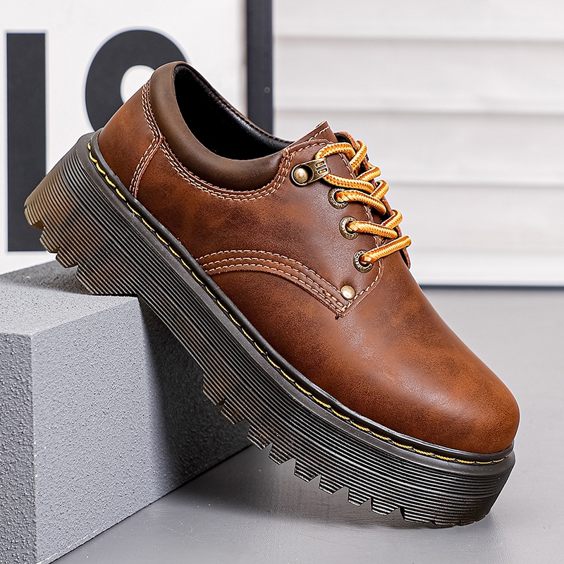 Dr Martens Giày Da Thật Chính Hãng Nữ Vintage Nâu Chunky Đế Ren Giày Tăng Chiều Cao