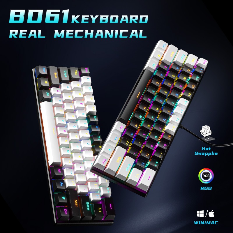 Bàn phím cơ BD61 RGB Đèn nền - Công tắc màu xanh / đỏ có thể gập lại nóng Bàn phím có dây Keycaps ha