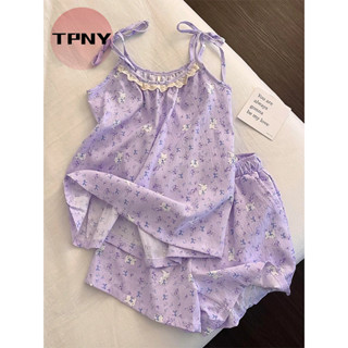   TPNY Bộ Đồ Ngủ Nữ Taro Tím Mèo Con Hoa Quần Short Mặc Nhà Mùa Hè 