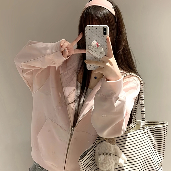 Preppy Style Cat Heavy Industry Thêu Hồng Có Mũ Trùm Đầu Nữ Loose Z