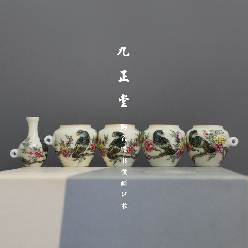 Bộ 5 Cóng - Cóng Khuyên - Cóng chim vẽ tay - Cửu Chính Đường - Hoa và chim