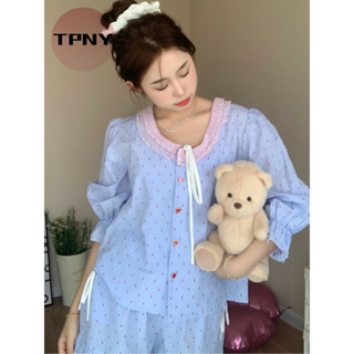   TPNY Bộ Đồ Ngủ Ren Phong Cách Ngọt Ngào Tay Dài Cổ Lá Sen Phù Hợp Mùa Hè 