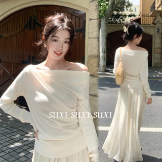  Suxi Casual Màu Trơn Đơn Giản Một Cổ Tắt Vai Slim Fit Áo Thun Dài Tay Nữ Top 241213 