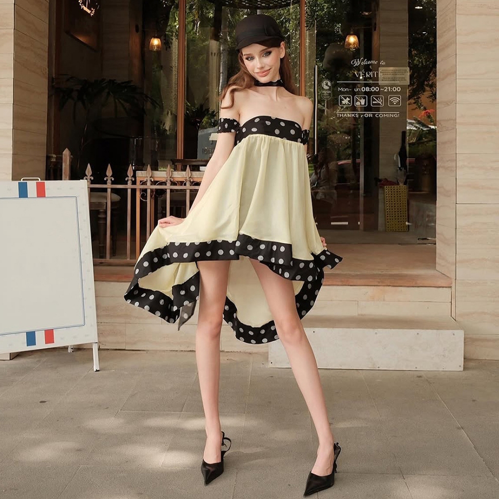 Klalien Đầm Viền Xù Không Đều Cho Nữ, Thiết Kế Chấm Bi In Chắp Vá, Phong Cách Cổ Không Tay Thanh Lịch và Sang Trọng | BigBuy360 - bigbuy360.vn