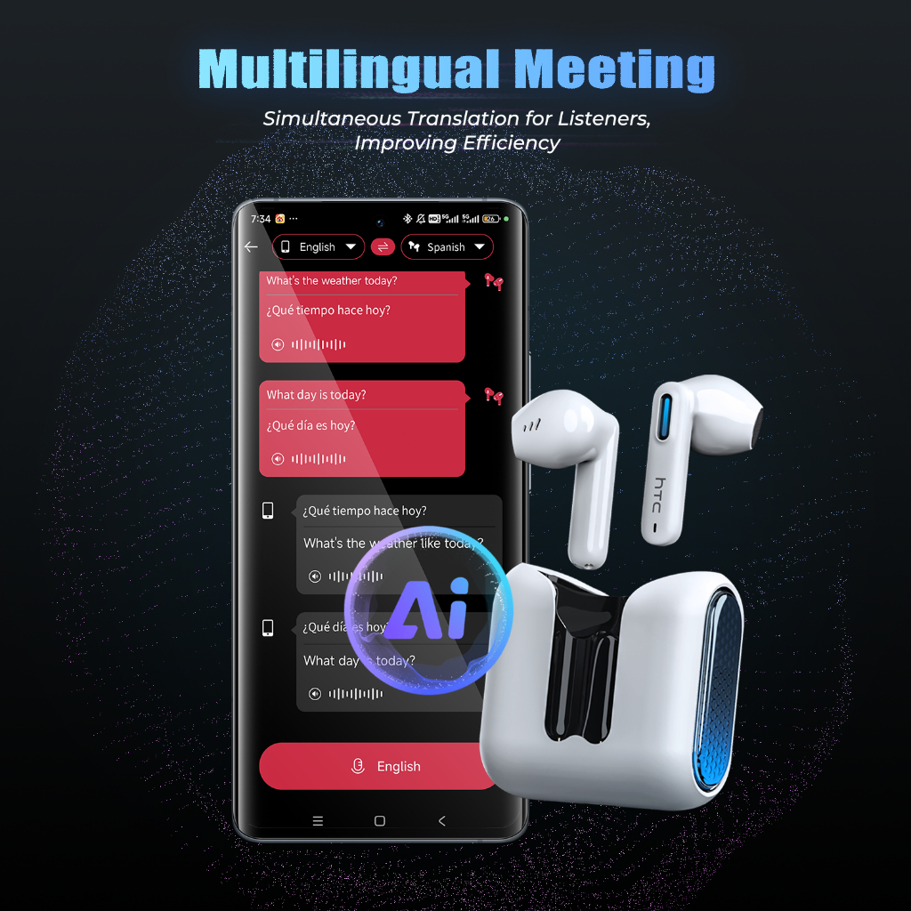 Bảo hành một năm, Tai nghe Bluetooth chơi game HTC NE49 AI phiên dịch thời gian thực TWS, Bluetooth 6.0 độ trễ thấp, chất lượng âm thanh HiFi, tai nghe không dây chống nước IPX5 | BigBuy360 - bigbuy360.vn