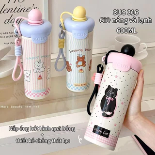 Cốc cách nhiệt thép không gỉ 316 Dễ dàng mang theo Chai nước sáng tạo 600ml Công suất lớn Phim hoạt hình