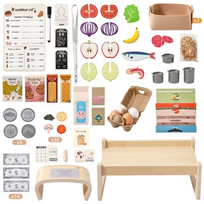 Siêu Thị Bằng Gỗ Playset Giả Vờ Chơi Cửa Hàng Tạp Hóa Có Máy Tính Tiền Thực Phẩm Montessori Toán Học Vai Trò Chơi Quà Tặng Cho Trẻ Em Tập Đi Từ 3 Tuổi trở lên