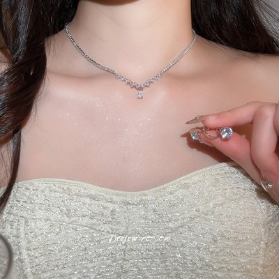 Bộ trang sức zircon sang trọng, gồm vòng cổ và dây chuyền lấp lánh - Phù hợp tiệc cưới và làm quà tặng