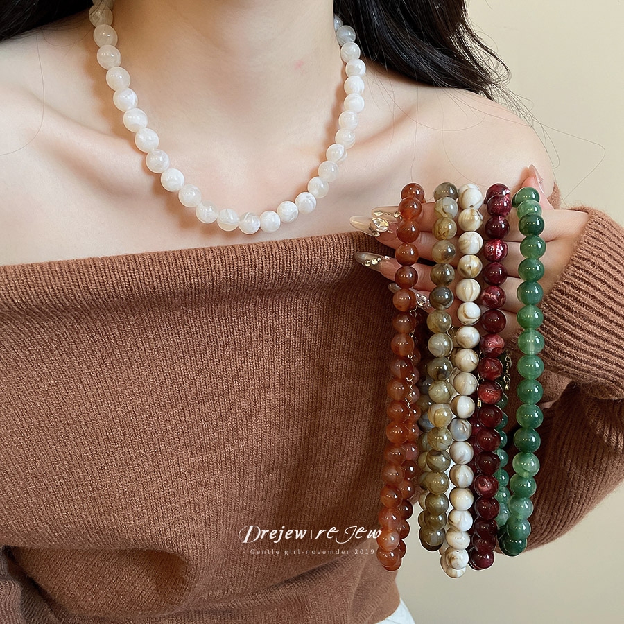 Bộ trang sức đá quý tự nhiên với dây chuyền và vòng tay đính cườm nhiều màu - Phong cách boho thời trang