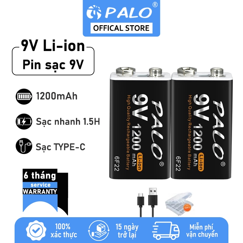 Pin sạc PALO 9V Pin sạc 1200mAh USB vuông Số 9V pin