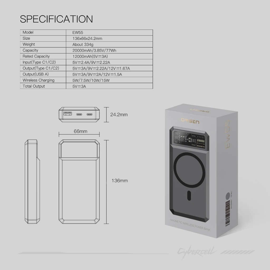 Sạc dự phòng từ tính ORSEN EW55 20000mAH PD 20w không dây USB Type C 100% chính hãng | BigBuy360 - bigbuy360.vn
