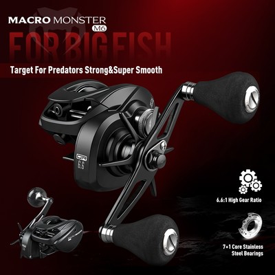 Máy câu Kingdom Macro Monster lực kéo 13kg, siêu nhẹ chỉ 237g, tỷ lệ truyền động 6,6:1, 7+1 vòng bi kim loại, khung unibody đúc liền mạch