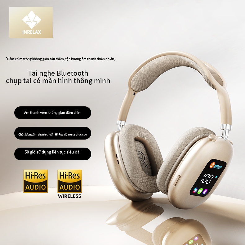 [Inrelax IN600] Tai nghe Bluetooth chụp tai kèm màn hình thông minh | Âm thanh vòm không gian sống động | Hi-Fi & pin bền
