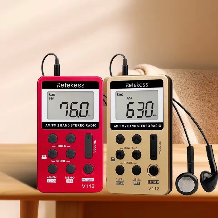 Retekess V112 Radio Mini Pocket Radio Thu Radio Di Động AM FM Sạc Thời Gian Ngủ Tai Nghe Cho Walkman