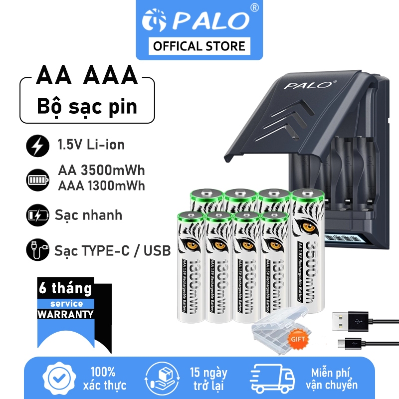 Bộ sạc pin PALO 1.5V lithium 1.2V Ni-MH Sạc Pin AA AAA Có Thể Sạc Pin 1.5V/1.2V AA AAA cùng một lúc