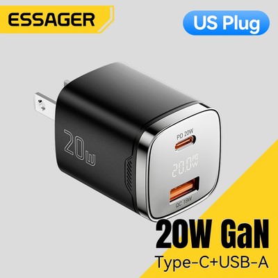 Essager GaN 20W USB C + A Bộ sạc Công nghệ SOC Bộ chuyển đổi màn hình kỹ thuật số công suất sạc nhanh