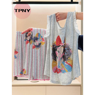   TPNY Bộ đồ ngủ ren không tay phong cách Hàn Quốc hoạt hình dành cho nữ mùa hè cỡ lớn mặc nhà 