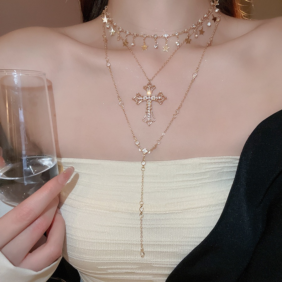 Dây Chuyền Cổ Áo Mặt Thánh Giá Và Ngôi Sao Phối Đeo Lớp Thiết Kế Độc Quyền Nhẹ Nhàng Quý Phái Phụ Kiện Nữ Thời Trang Đa Dạng