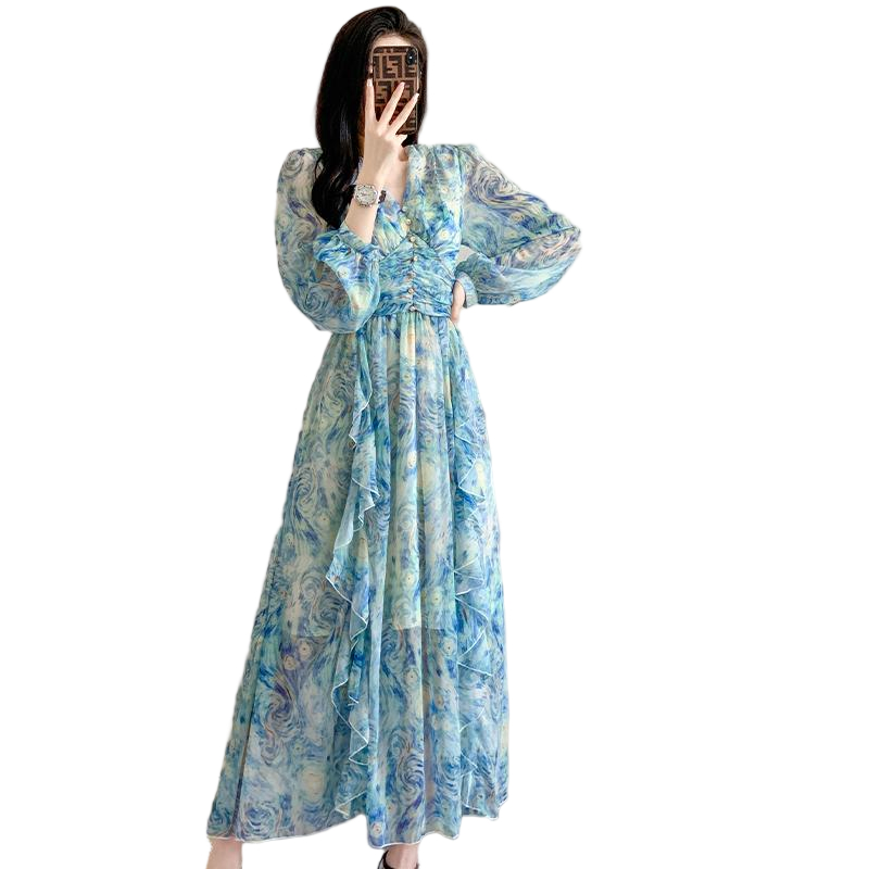 Cổ điển retro váy bánh bèo nữ cổ chữ V dài tay in hình