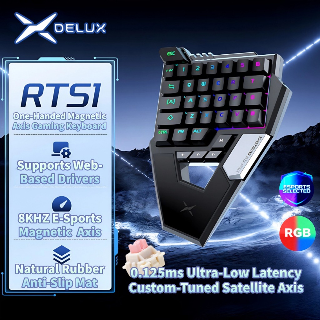 Delux RTS1 RGB Một Tay Outemu Công Tắc Hồng Từ Tính Bàn Phím Chơi Game Cơ 34 Phím Có Dây 8000Hz QMK 
