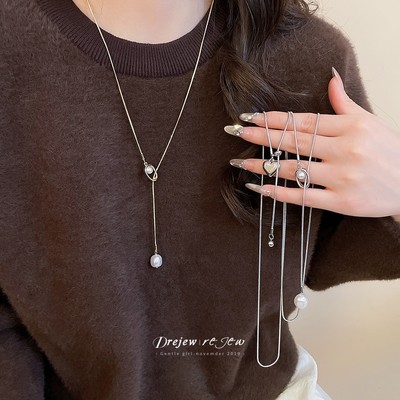 Vòng cổ bạc tông màu ngọc trai hình trái tim Y có thể điều chỉnh, phù hợp làm món quà thời trang