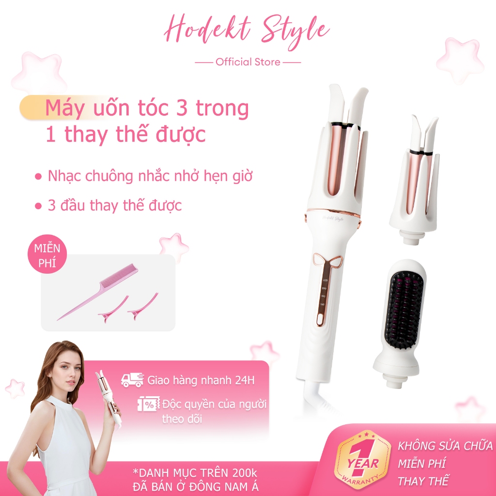 Máy Uốn Tóc 3 Trong 1 HODEKT 3 Đầu Thay Thế (Uốn Xoăn & Duỗi Thẳng) 250 Triệu Ion Âm 4 Mức Nhiệt