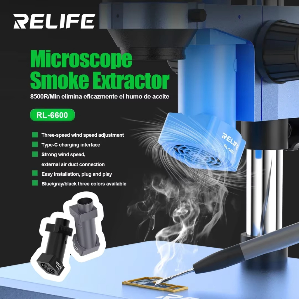 RELLIFE RL-6600 Kính hiển vi mạnh mẽ Máy hút khói Type-C Sửa chữa hàn điện thoại di động