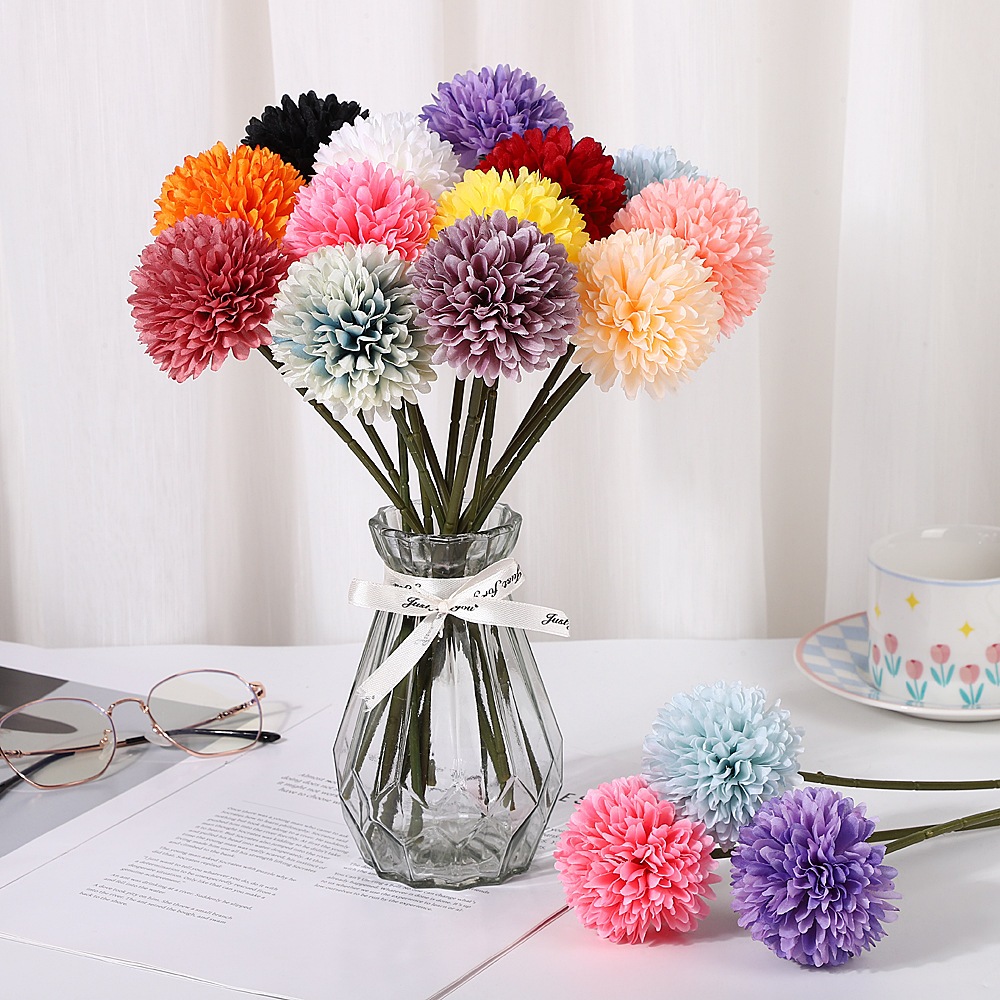 Artificial Silk Pompon Mum Single Stem Dandelion Ball Flower Home Decor Wedding Vase Fake Plant Ping