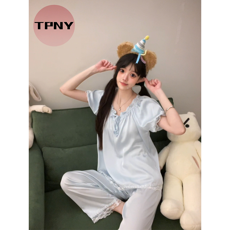 [TPNY]Bộ đồ ngủ tay ngắn bằng lụa băng ren kiểu ba lê và quần dài mặc ở nhà mùa hè dành cho nữ