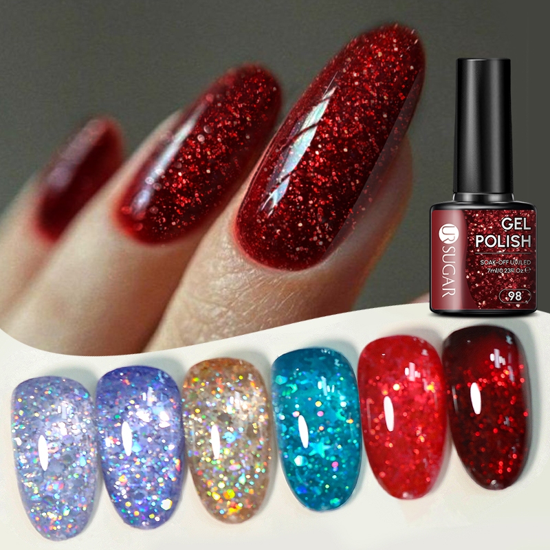 UR SUGAR 7ml Gel móng tay lấp lánh màu đỏ Ba Lan Bling Sequins Nail Art Làm móng tay 107 màu Gel Ngâ