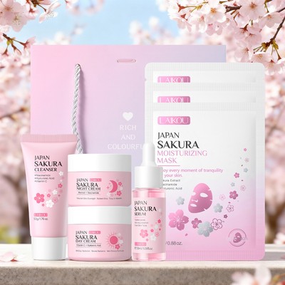 LAIKOU All-in-One Sakura Glow Skincare Kit - Sữa rửa mặt, Kem ban ngày & ban đêm, Serum, Mặt nạ để dưỡng ẩm & làm sáng da