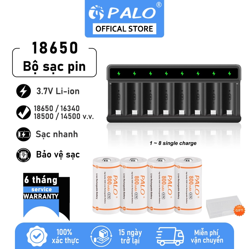 Bộ sạc thông minh 8 khe PALO có thể sạc pin sạc 16340 CR123A