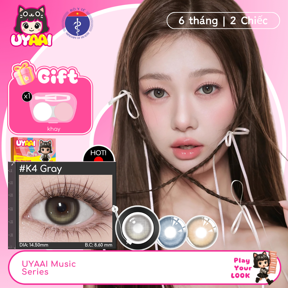 Bộ 2 Kính Áp tròng MCK1 UYAAI màu xám trong suốt kích thước 14.5mm 0.00--4.00