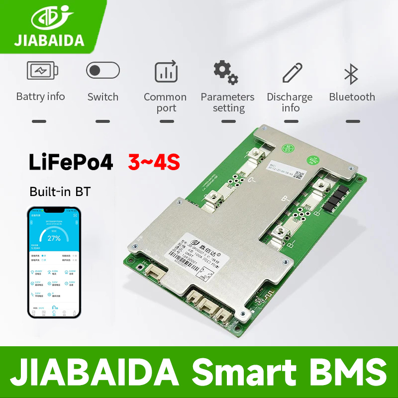 JIABAIDA 4S 12V 60A 100A 150A LiFePo4 Lithium BT JBD Thông Minh BMS Cân Bằng UART Dòng Nhiệt Kết Nối