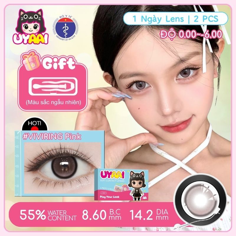 UYAAI Kính Áp tròng MCK1 cận 1 ngày(1 chiếc)  0,00--6.00 độ Hồng/Tím /Nâu 14,2mm mắt