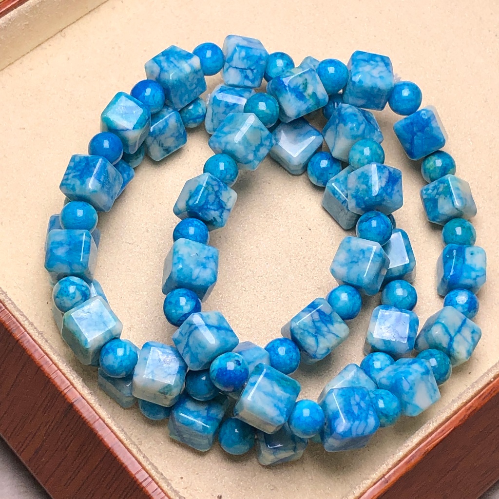 Vòng tay khối Jasper màu xanh tự nhiên 8mm - Blue Jade Square Radiance