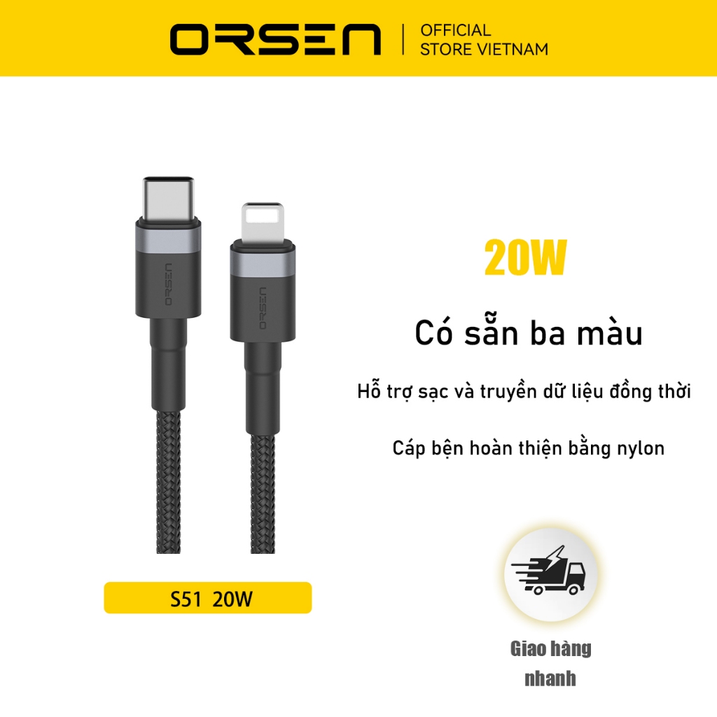 ORSEN S51 20W Cáp dữ liệu sạc nhanh Dây bện nhôm Thích hợp cho Iph 15