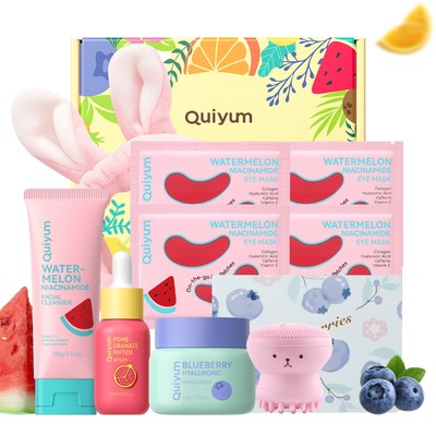 Bộ chăm sóc da QUIYUM Fruit Fusion: Sữa rửa mặt dưa hấu, Kem việt quất, Serum lựu, Mặt nạ mắt để phát sáng sảng khoái