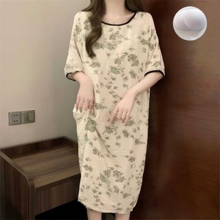  【Có đệm ngực Váy áo ngủ nữ in hình dễ thương có đệm ngực chất liệu thoáng khí êm ái thiết kế có thể mặc ra ngoài. 