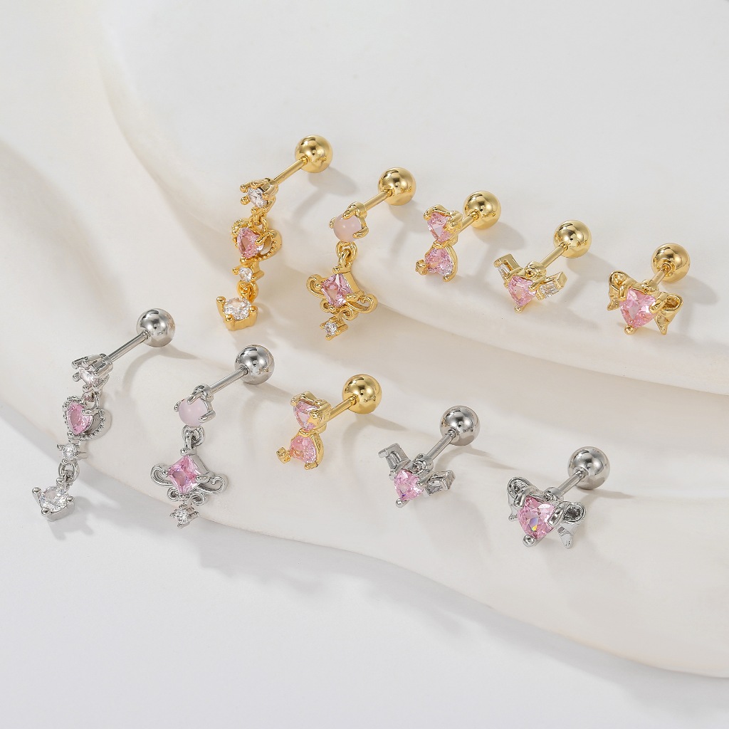 1 Chiếc Bông tai thép titan G23, Bông tai nơ hồng lãng mạn, Khuyên tai xoắn ốc