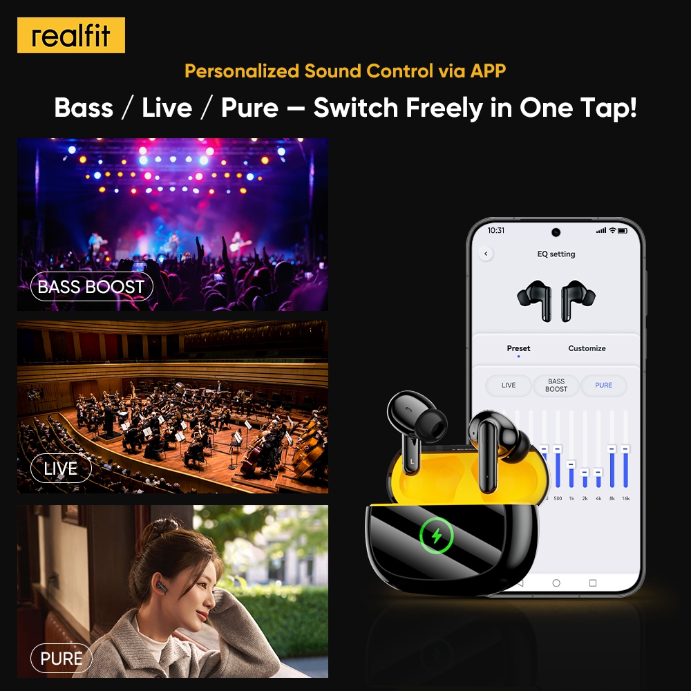[Hàng mới về] Tai nghe Bluetooth Realfit F3 Ultra ANC, Bass lớn, Điều khiển ứng dụng, Thời gian chơi dài Bluetooth 60,50H, Độ trễ thấp UItra-Low | BigBuy360 - bigbuy360.vn