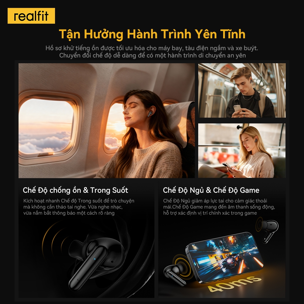 [Hàng mới về] Tai nghe Bluetooth Realfit F3 Ultra ANC, Bass lớn, Điều khiển ứng dụng, Thời gian chơi dài Bluetooth 60,50H, Độ trễ thấp UItra-Low | BigBuy360 - bigbuy360.vn