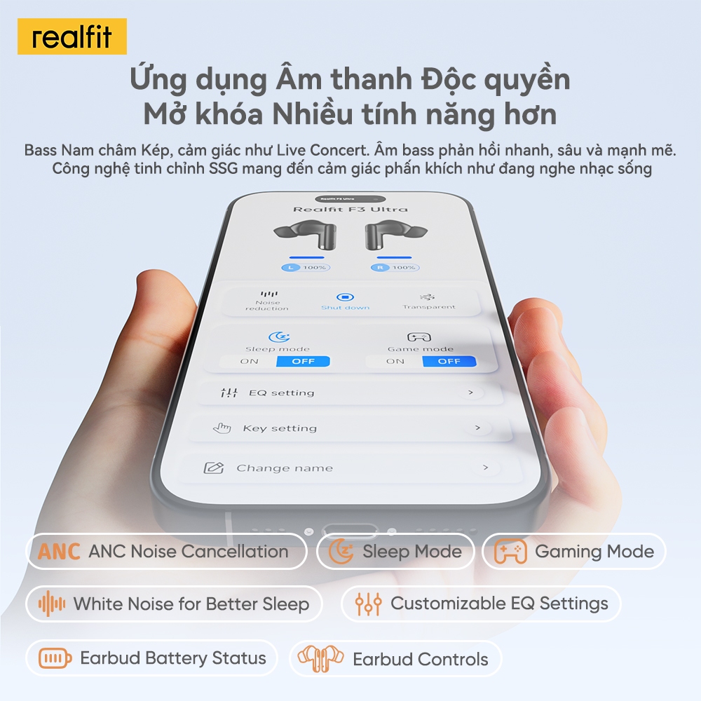 [Bản nâng cấp mới] Tai nghe không dây âm thanh Realfit F3 Ultra Hi-Fi | ANC -45dB dành cho nhạc thấm hút | Pin 50H | Tùy chỉnh APP EQ | 4.3g Comfort Fit | Âm thanh không gian | BigBuy360 - bigbuy360.vn