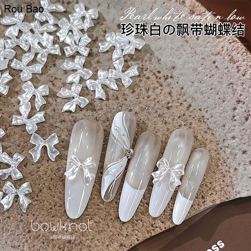 Rou Bao 50 Chiếc Móng Tay Ngọc Trai Trắng Nơ Ruy Băng