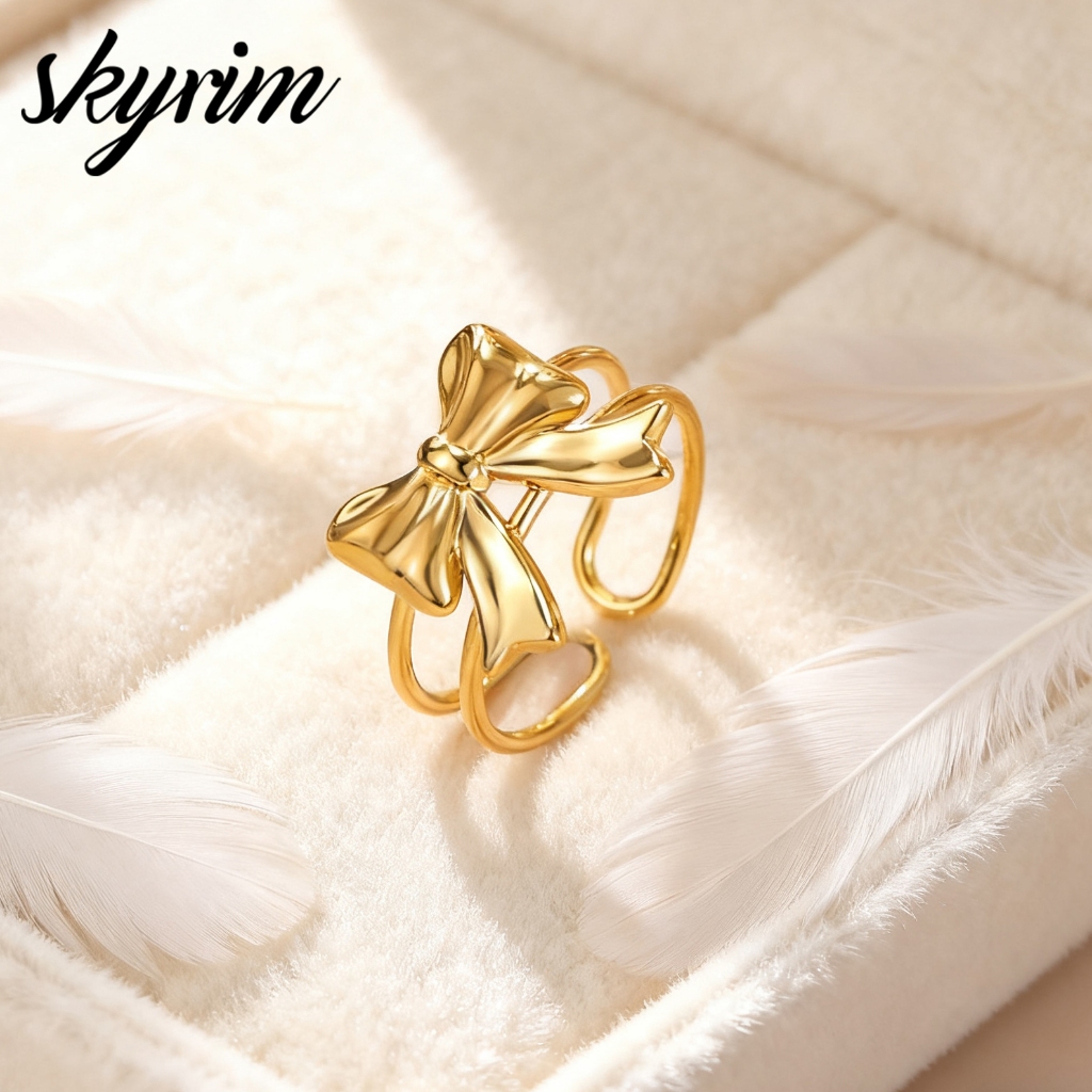 SKYRIM Nhẫn Nơ Vàng 18K Điều Chỉnh Được, Thép Không Gỉ, Tráng Sức Tinh Tế Quyến Rũ