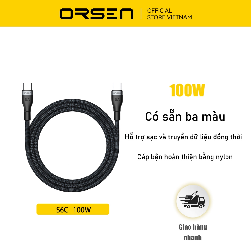 Cáp Sạc Orsen S6C Loại C Đến C 5A 100W Sạc Nhanh PD Cáp Notebook Laptop 1.5 mét